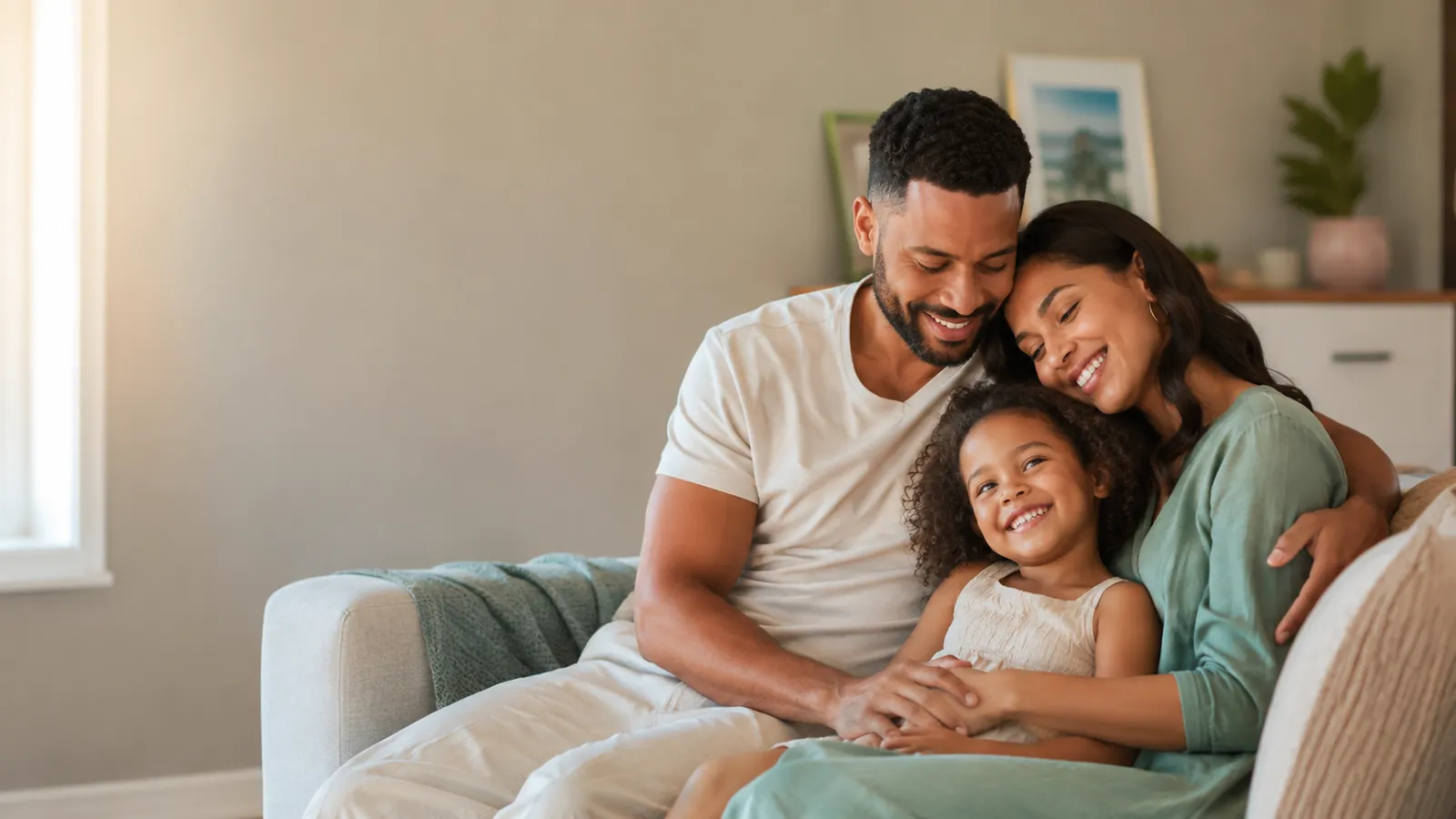 Família abraçada com carinho no sofá de casa